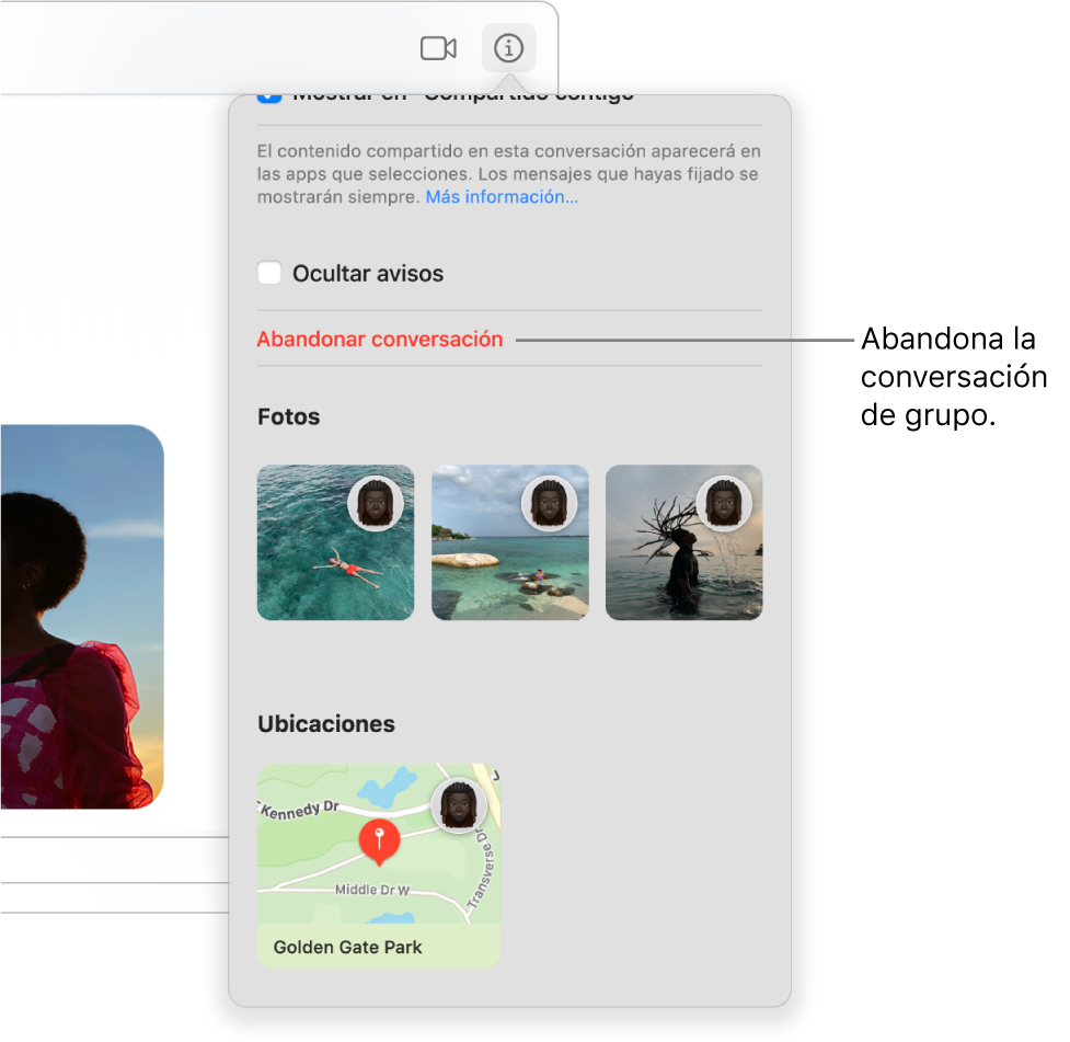 Vista de detalles, que aparece al hacer clic en el botón Detalles en una conversación de grupo. “Abandonar conversación” está cerca de la parte inferior del cuadro de diálogo.