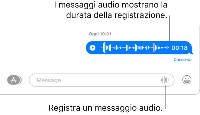 Una conversazione nella finestra Messaggi. È visualizzato il pulsante “Registra audio” accanto al campo di testo nella parte inferiore della finestra. Nella conversazione viene visualizzato messaggio audio con la durata della registrazione.