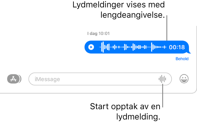 En samtale i Meldinger-vinduet som viser Ta opp lyd-knappen ved siden av tekstfeltet nederst i vinduet. En lydmelding og opptakslengden vises i samtalen.