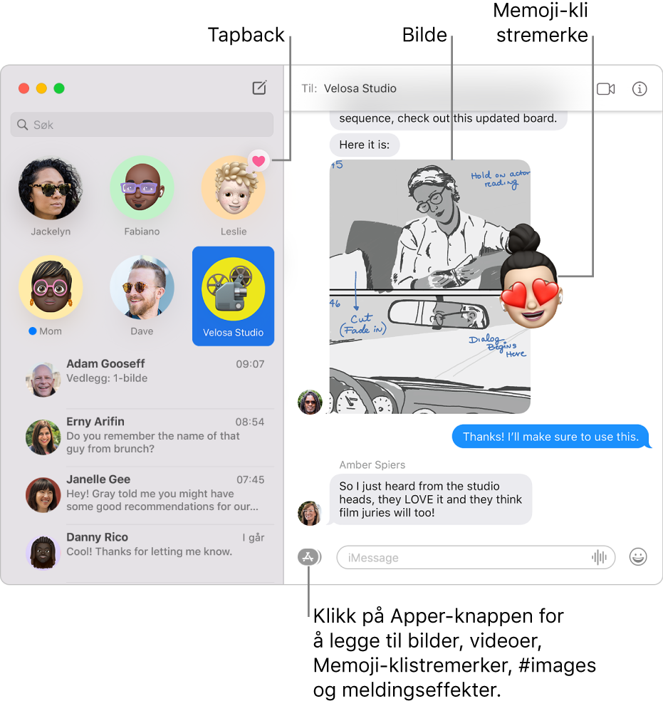 Meldinger-vinduet, med flere samtaler i sidepanelet til venstre og en logg til høyre. Noen få objekter er uthevet: en Tapback over en festet samtale på venstre side, og et bilde og Memoji-klistremerke i loggen på høyre side. Klikk på Apper-knappen nederst i vinduet for å legge til bilder, Memoji-klistremerker, #bilder og meldingseffekter.
