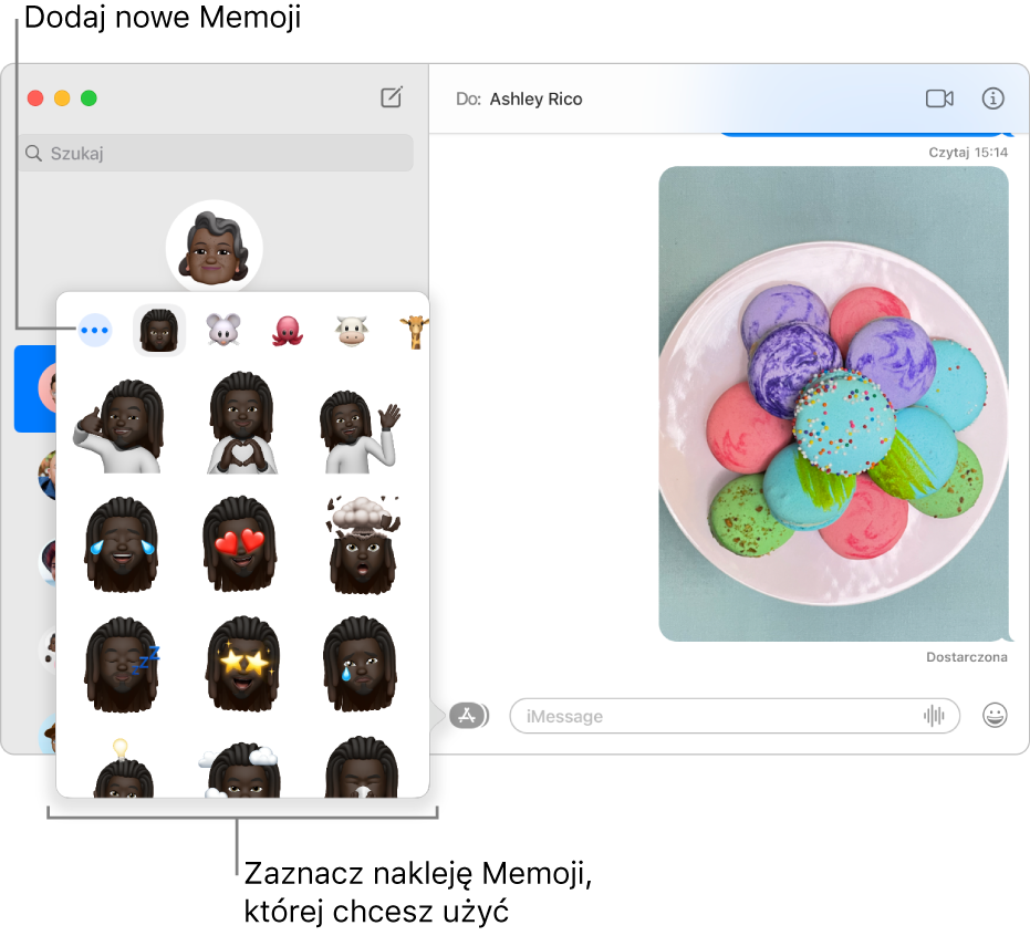 Okno aplikacji Wiadomości z kilkoma rozmowami widocznymi na pasku bocznym po lewej oraz zapisem rozmowy widocznym po prawej. Gdy wybierasz naklejki Memoji przy użyciu przycisku aplikacji, możesz wybrać dowolną z dostępnych naklejek Memoji lub utworzyć własne Memoji.