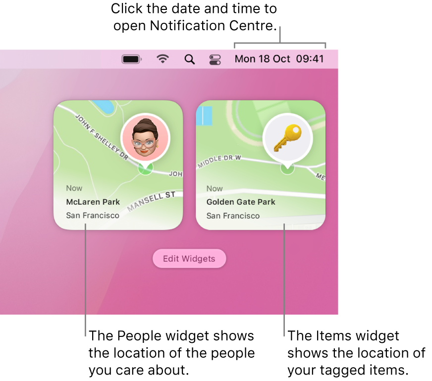 Two Find My widgets — a People widget showing the location of a person and the Items widget showing the location of a key. Click the date and time in the menu bar to open Notification Centre.