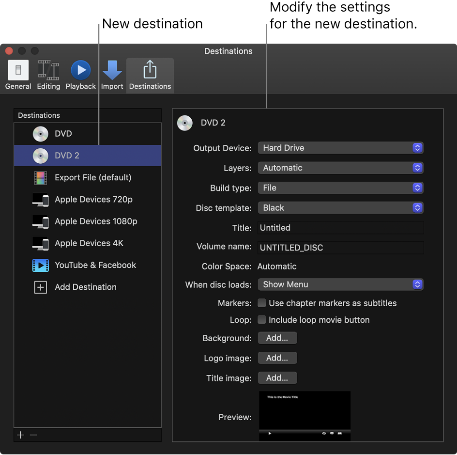 The Destinations pane of the Final Cut Pro Settings window showing a duplicated DVD destination selected in the list on the left