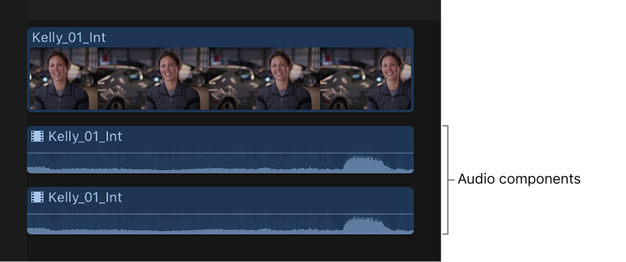 A clip in the timeline with expanded audio components