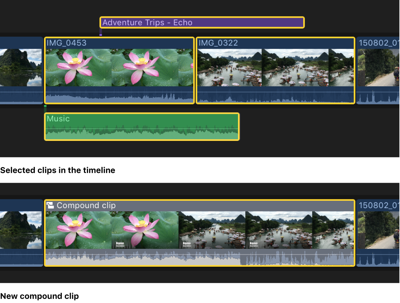 A project in the timeline before and after being simplified with a compound clip