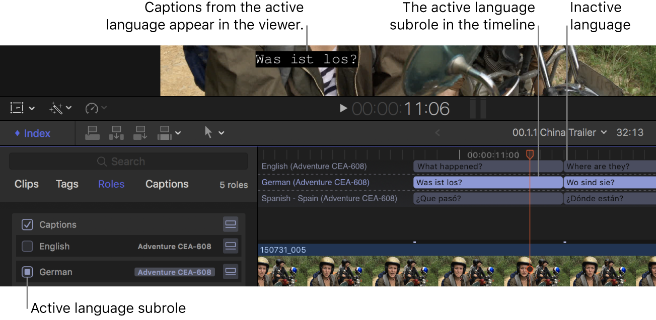 Un subtítulo en alemán en el visor, con la subfunción del idioma alemán seleccionada en el índice de la línea de tiempo, y clips de subtítulos en alemán resaltados en la línea de tiempo