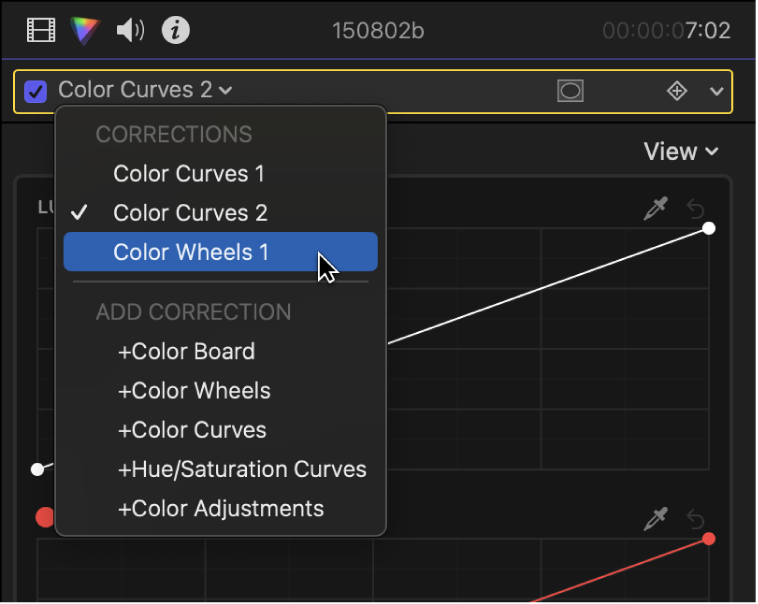 El menú desplegable de la parte superior del inspector de color con los efectos de corrección de color que se han añadido a un clip