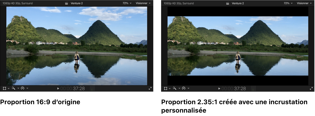 Visualiseur sur la gauche affichant un format 16:9, et le même projet sur la droite avec une incrustation personnalisée créant un effet de cache de type letterbox au format 2,35:1