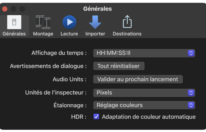 Sous-fenêtre Général de la fenêtre Réglages de Final Cut Pro