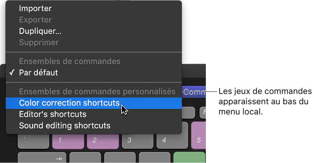 Options de menu permettant de changer d’ensemble de commandes