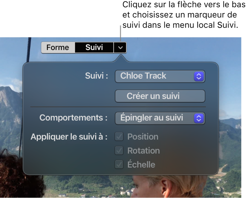 Flèche vers le bas et bouton Suivi en haut du visualiseur, avec les commandes Suivi affichées en dessous. Le menu local Suivi apparaît en haut des commandes Suivi.