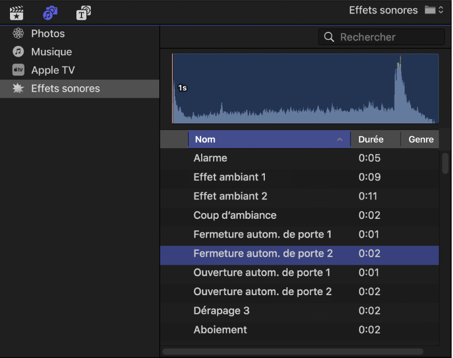Barre latérale « Photos, vidéos et audio » affichant la catégorie « Effets sonores » sélectionnée, et navigateur ouvert sur la liste des plans d’effets sonores