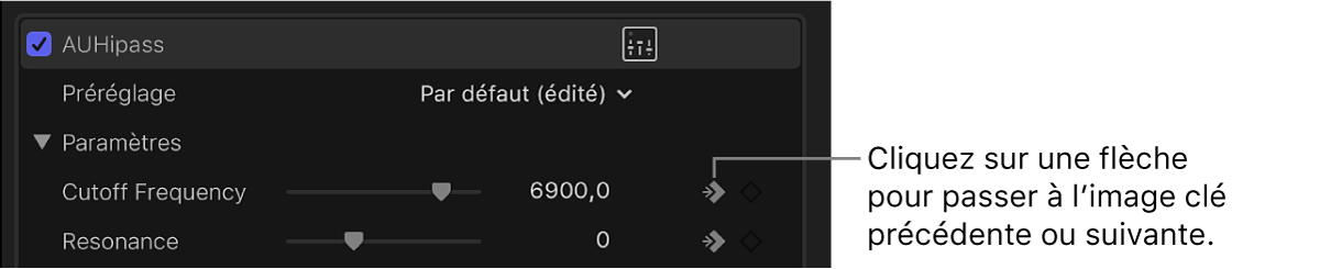 Bouton fléché en regard du bouton Image clé d’un effet dans l’inspecteur audio