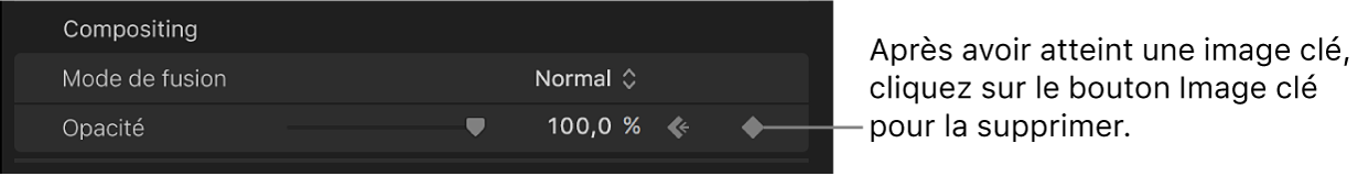 Bouton Image clé du paramètre Opacité dans l’inspecteur vidéo