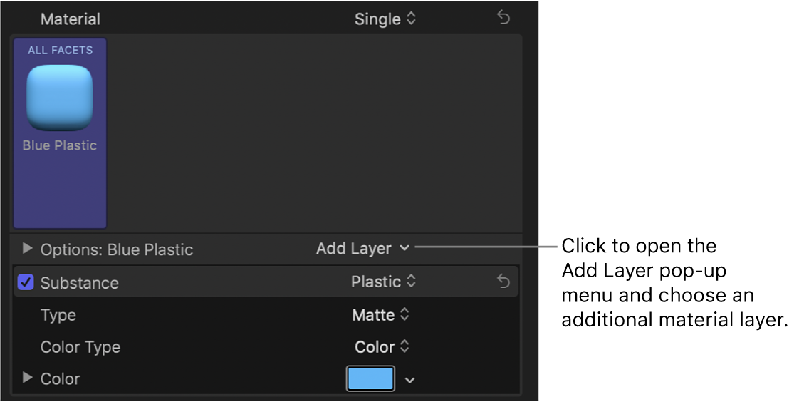 文本检查器“材质”部分中的“添加层”弹出式菜单，已选中“蓝色塑料”