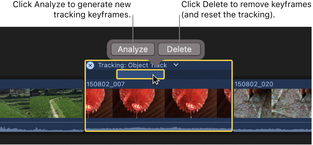 跟踪编辑器中的“关键帧”已选中，“分析”按钮和“删除”按钮显示在所选内容上方