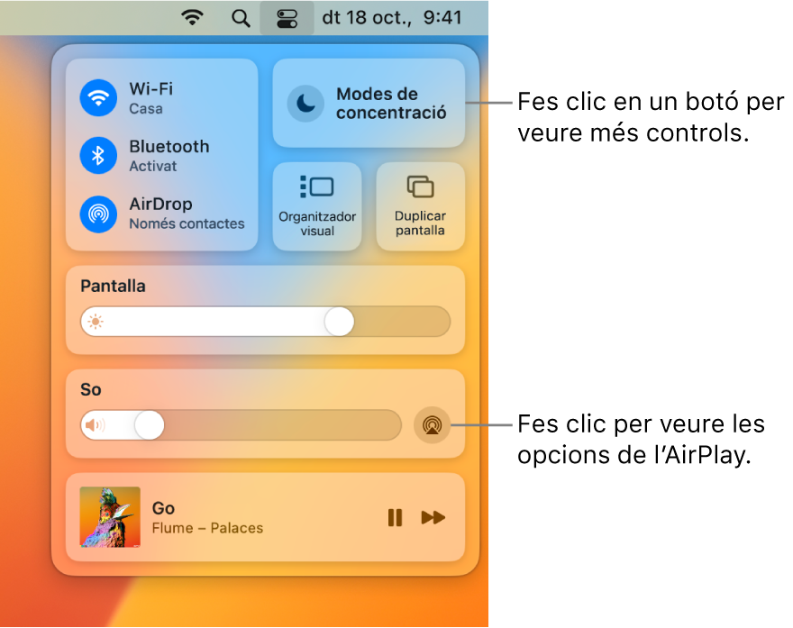 Vista ampliada del centre de control del Mac.