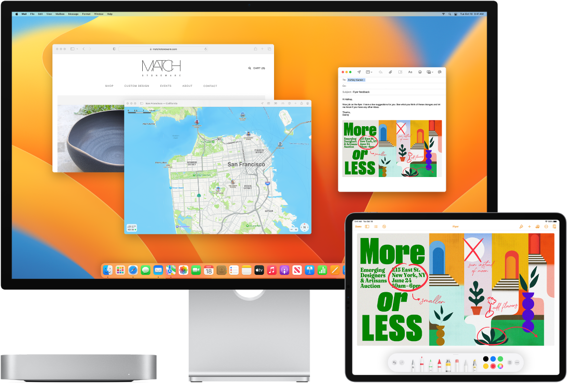 Ένα Mac mini και ένα iPad εμφανίζονται το ένα δίπλα στο άλλο. Η οθόνη του iPad στην οποία εμφανίζεται ένα διαφημιστικό φυλλάδιο με σχολιασμούς. Στην οθόνη του Mac mini εμφανίζεται ένα μήνυμα Mail με το επισημειωμένο διαφημιστικό φυλλάδιο από το iPad ως συνημμένο.