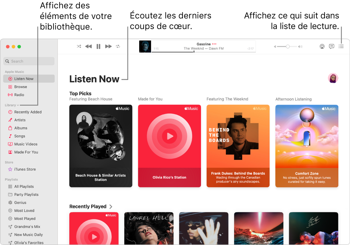 La fenêtre de l’app Musique indiquant comment afficher votre bibliothèque, écouter Apple Music et voir le prochain morceau.