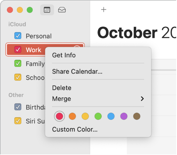 Menu contextuel Calendrier avec ses options pour la personnalisation de la couleur d’un calendrier.