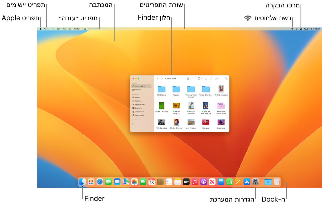 מסך Mac, המציג את תפריט Apple, תפריט היישומים, תפריט ״עזרה״, המכתבה, שורת התפריטים, חלון של ה-Finder, צלמית של הרשת האלחוטית, צלמית של ״מרכז הבקרה״, צלמית של ה-Finder, צלמית של ״הגדרות המערכת״ וה-Dock.