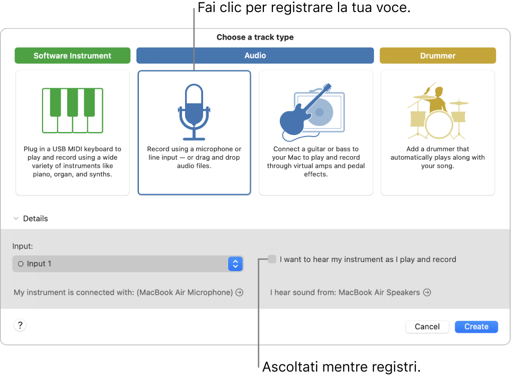 Il pannello degli strumenti di GarageBand che mostra dove fare clic per registrare una voce e come riascoltarsi durante la registrazione.