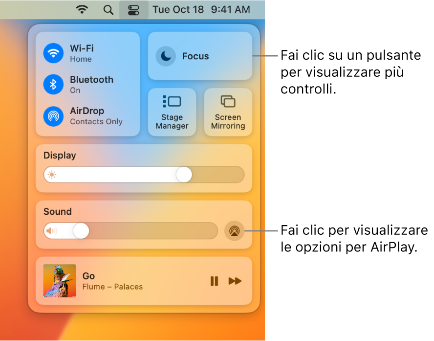 Vista ingrandita di Centro di Controllo sul Mac.