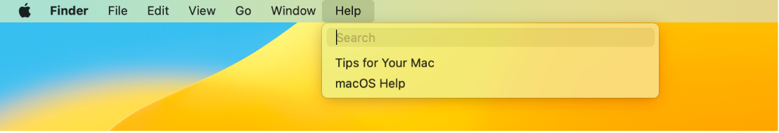 Una vista parziale della scrivania con il menu Aiuto aperto che mostra le opzioni di menu Cerca e Aiuto macOS.