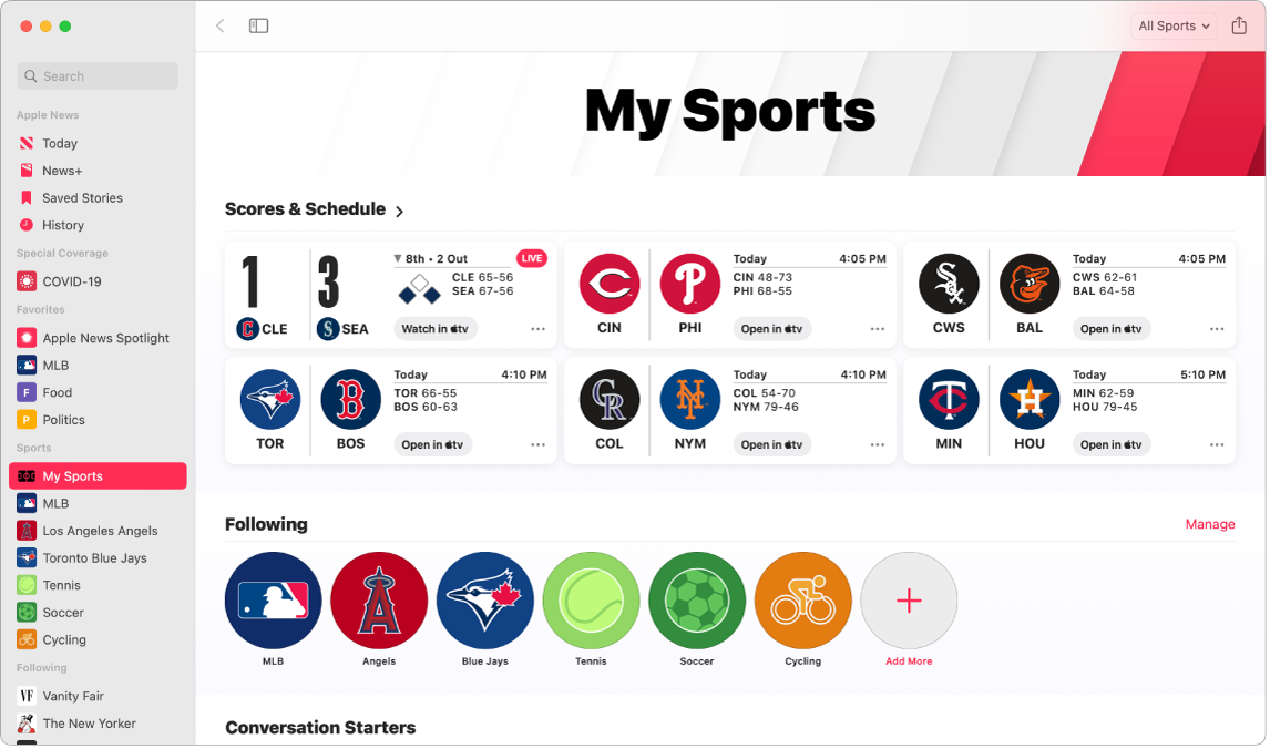 Newsウインドウ。「スコアと日程」とフォロー中のリーグ、チーム、スポーツを含むMy Sportsが表示されています。