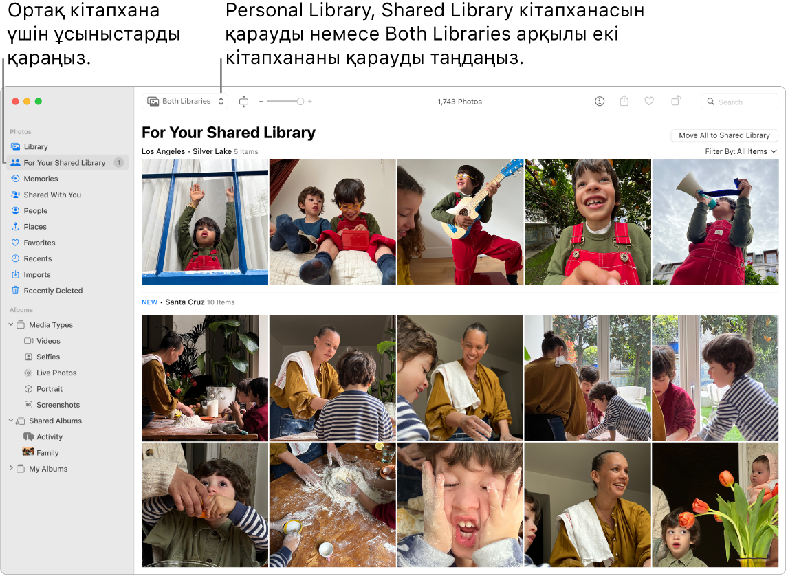 Shared Library үшін фотосуреттер ұсыныстары бар Personal Library және Shared Library медиатекаларының екеуін де көрсетіп тұрған Photos терезесі.