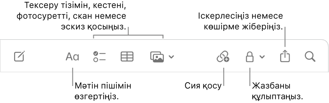 Мәтін пішіміне, тексеру тізіміне, кестеге, сілтемеге, фотосуреттерге/мультимедиаға, құлыпқа, бөлісу және көшірме жіберу құралдарына тілше деректері бар Notes құралдар тақтасы.