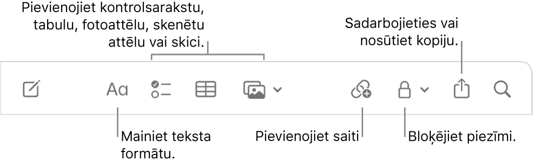 Lietotnes Notes rīkjosla ar remarkām pie teksta formatēšanas, pārbaudes sarakstu, tabulu, saišu, fotoattēlu/mediju, bloķēšanas, koplietošanas un kopiju sūtīšanas rīkiem.