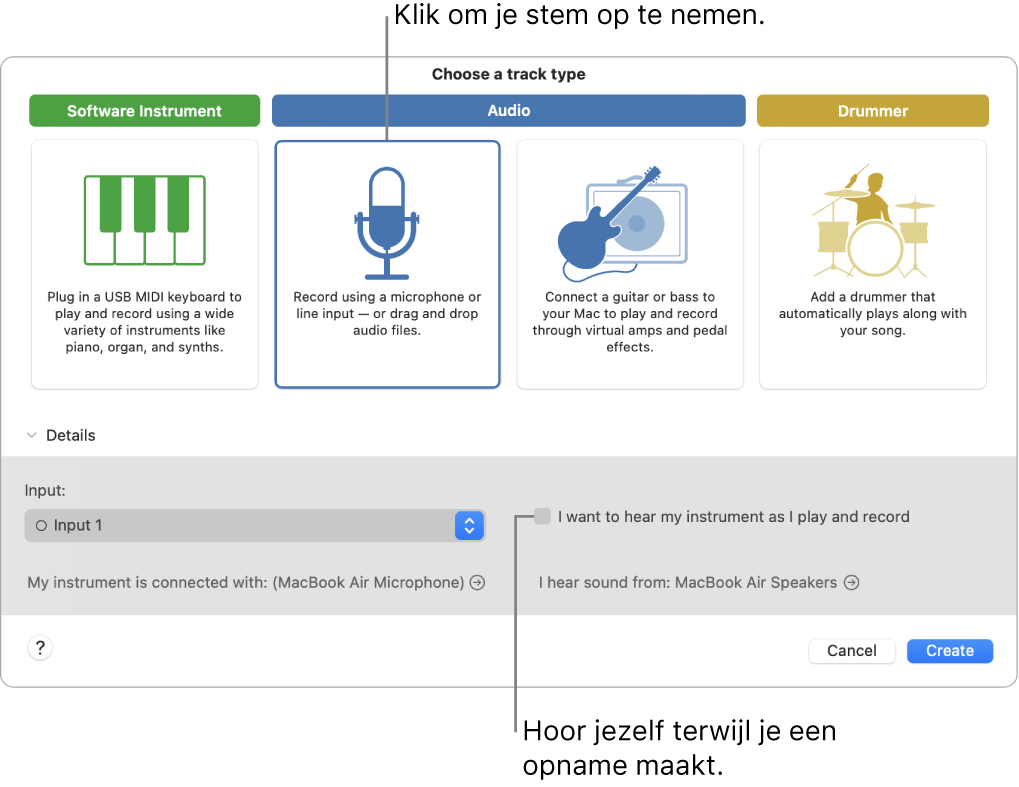 Het paneel met instrumenten van GarageBand waarin je ziet waar je moet klikken om een stem op te nemen en hoe je jezelf kunt horen wanneer je een opname maakt.