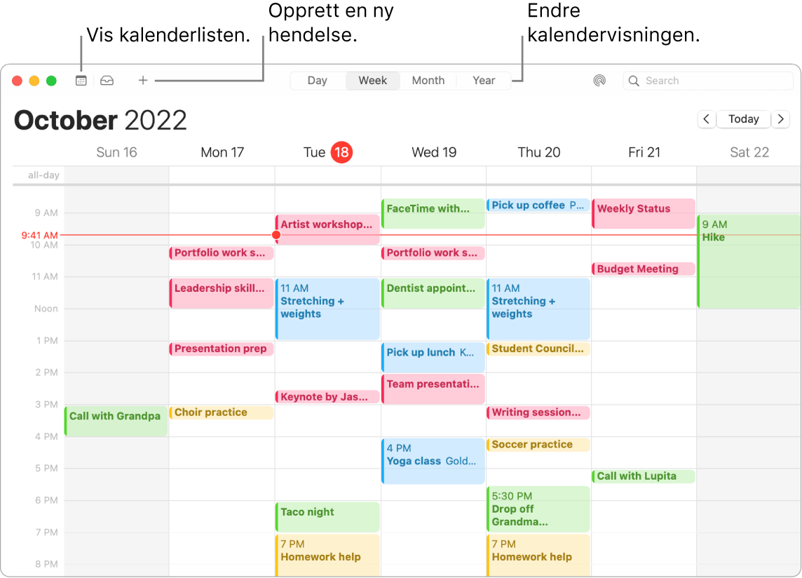 Et Kalender-vindu som viser kalenderlisten, hvordan du oppretter en hendelse, og hvordan du velger dag-, ukes-, måneds- eller årsvisning.