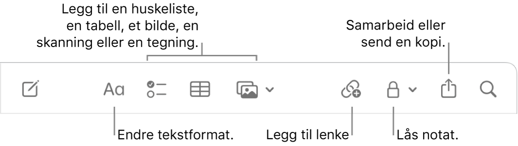 Notater-verktøylinjen med bildeforklaringer for verktøyene for tekstformat, sjekkliste, tabell, lenke, bilder/medier, lås, deling og send en kopi.