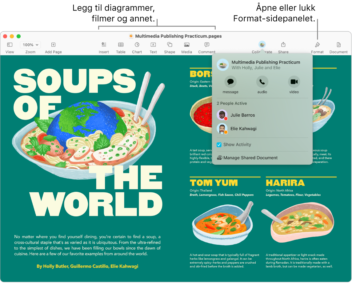 Et Pages-vindu som viser Aktivitetsstrøm under Samarbeid-knappen i verktøylinjen, der to personer er aktive. Det vises bildeforklaringer for å legge til diagrammer, filmer og mer i verktøylinjen, og en bildeforklaring for hvordan du åpner eller lukker Format-sidepanelet.