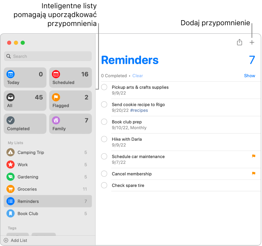 Okno aplikacji Przypomnienia z listą inteligentną widoczną po lewej oraz innymi przypomnieniami i listami znajdującymi się poniżej. Wskaźnik jest na przypomnieniu. Pokazane są dymki pomocy do list inteligentnych i przycisku Dodaj nowe przypomnienie.
