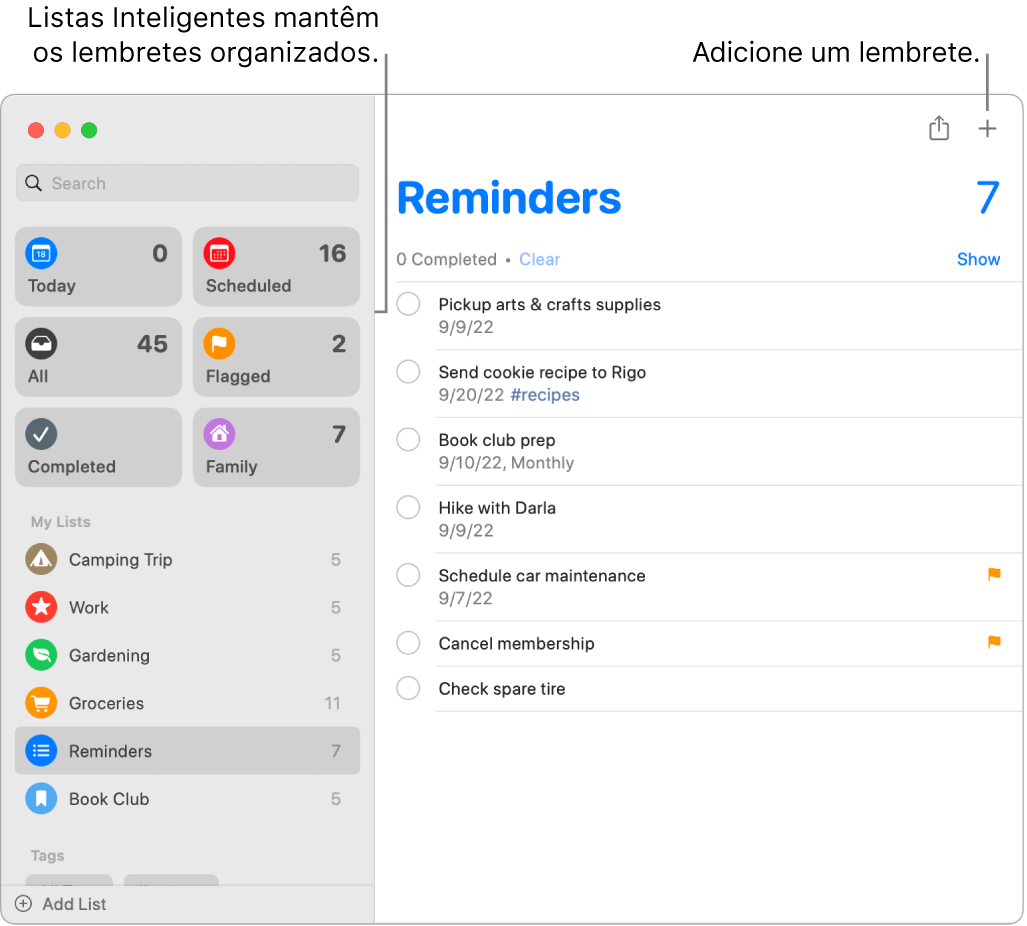 Janela do Lembretes com listas inteligentes à esquerda e outros lembretes e listas abaixo. O cursor está sobre um lembrete. Essas são chamadas para as Listas Inteligentes e para o botão “Adicionar um novo lembrete”.