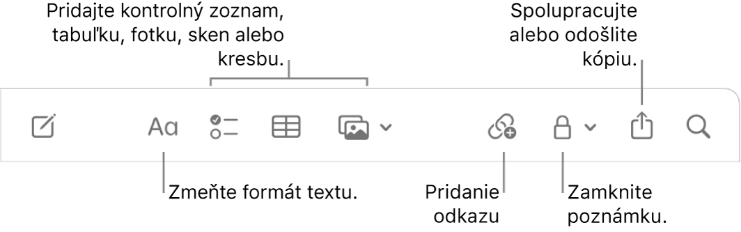 Panel s nástrojmi Poznámky s nástrojmi bublina v textovom formáte, kontrolný zoznam, tabuľka, odkaz, fotka/médiá a kopírovanie.