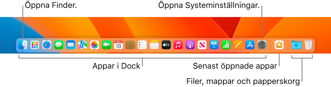 Vrstica Dock s prikazom aplikacije Finder, System Settings in črte v vrstici Dock, ki ločuje aplikacije od datotek in map.