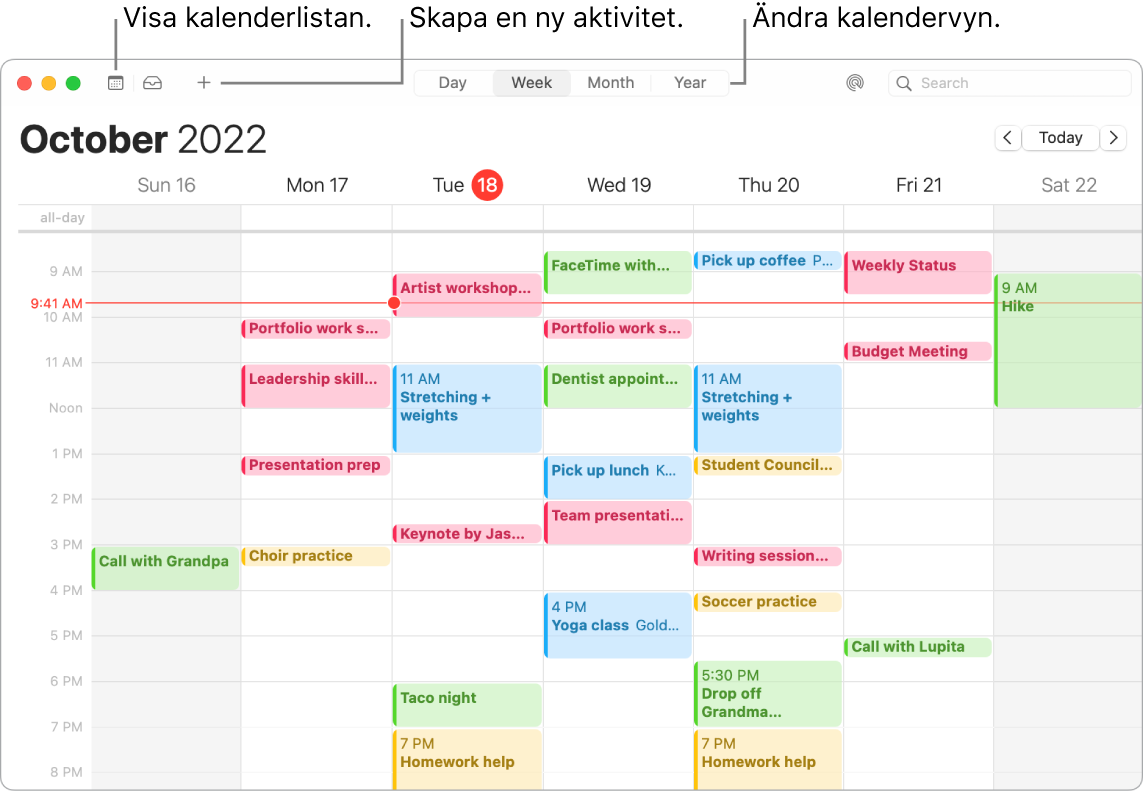 V oknu Calendar je prikazan seznam koledarja, kako ustvarite dogodek in izberete prikaz dneva, tedna, meseca ali leta.