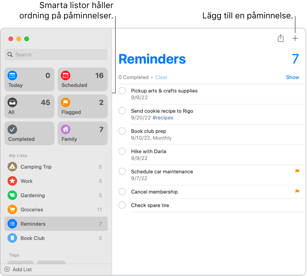 Okno aplikacije Reminders s pametnimi seznami na levi strani in drugimi opomniki in seznami spodaj. Kazalec je v opomniku. Oblački na seznamih Smart Lists in gumbu »Add a new reminder«.