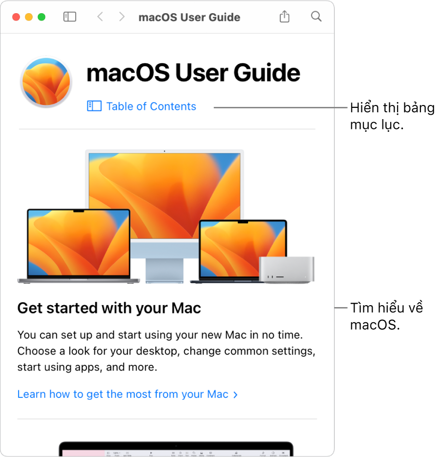 Trang chào mừng Hướng dẫn sử dụng macOS đang hiển thị liên kết Bảng mục lục.