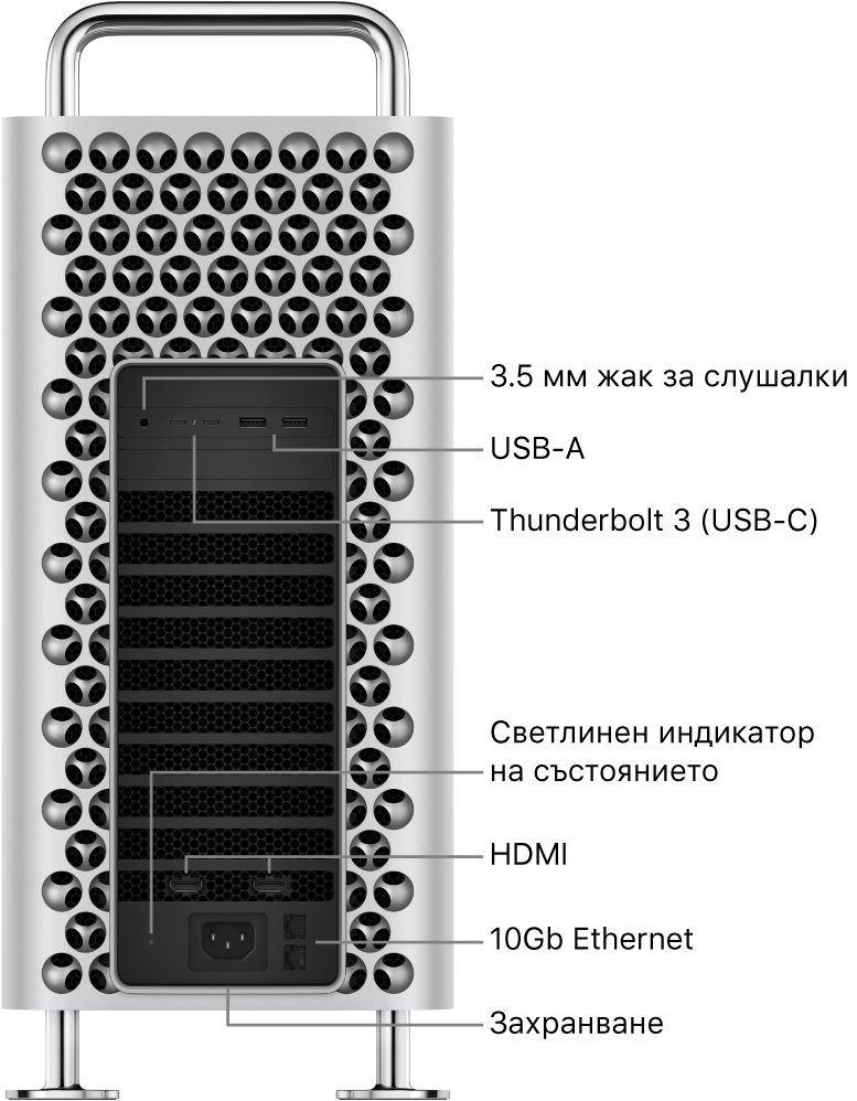 Страничен изглед на Mac Pro, който показва 3.5 мм жак за слушалки, два USB-A порта, два Thunderbolt 3 (USB-C) порта, индикатор на състоянието, два HDMI порта, два 10 Gigabit Ethernet порта и порт за захранването.