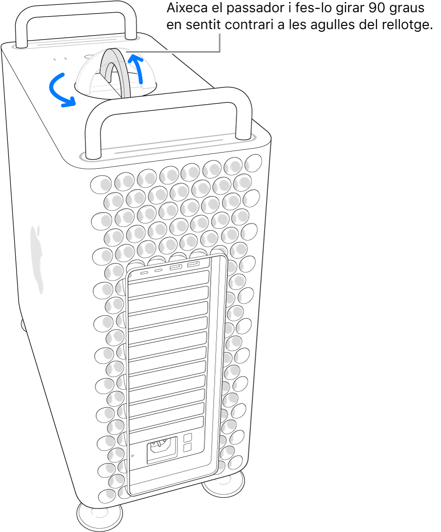 Per treure la carcassa de l’ordinador, primer cal aixecar el passador i fer-lo girar 90 graus.