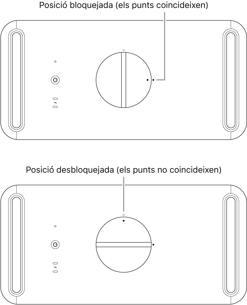 Part superior de la carcassa de l’ordinador en què es veu el passador en la posició bloquejada i desbloquejada.