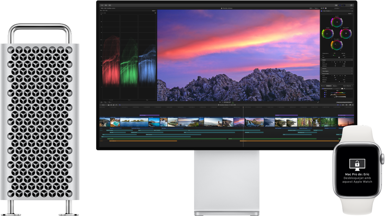 Un Mac Pro i la seva pantalla, al costat d’un Apple Watch amb un missatge que indica que s’ha desbloquejat el Mac amb el rellotge.