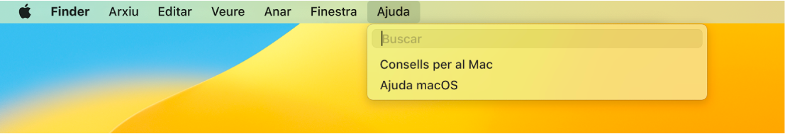 Una vista parcial de l’escriptori amb el menú Ajuda obert mostrant les opcions de menú Buscar i “Ajuda macOS”.