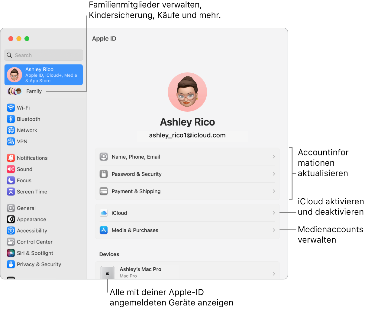 Die Einstellungen „Apple-ID“ in den Systemeinstellungen mit Beschriftungen zum Aktualisieren der Accountinformationen, Ein- bzw. Ausschalten von iCloud-Funktionen, Verwalten von Medienaccounts und für die Funktion „Familie“, um Familienmitglieder, Kindersicherung, Käufe und mehr zu verwalten.