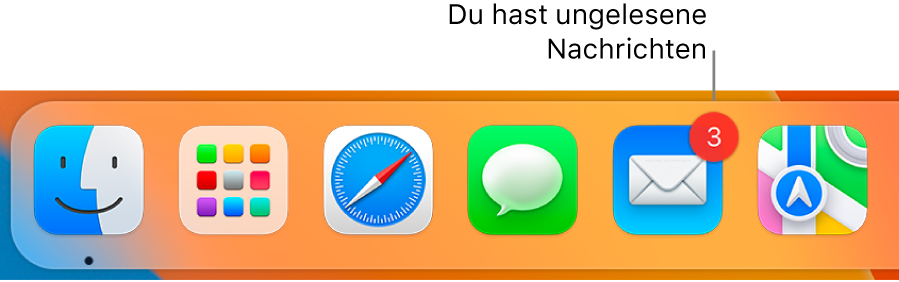 Abschnitt im Dock mit dem App-Symbol „Mail“, das mit einem Kennzeichen versehen ist, um auf ungelesene Mails hinzuweisen.